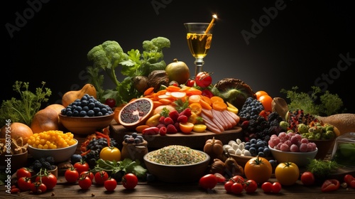  Opulent Display of Fruits, Vegetables, Grains, and Nuts with a Toast to Wellness. A big table of healthy food.