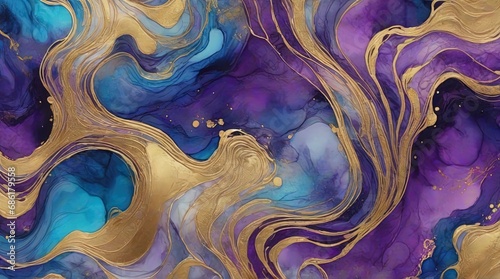 Modern colorful curved background, blue, purple wave, bright neon colors, golden paths, trendy alcohol ink texture, creative hand drawn art illustration, layered art, generative ai.