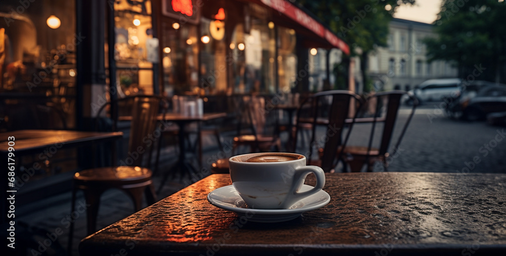 cup of coffee on the street. Generative Ai content cup of coffee on the street. Generative Ai content