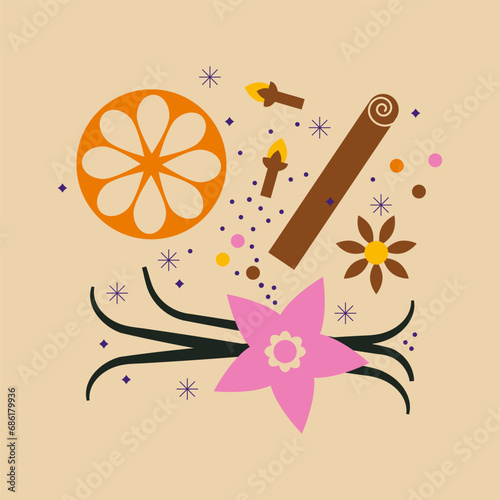 Cute appetizing spices collection. Cinnamon stick, star anise, vanilla, cloves, orange slice. Spicy and healthy food design. Abstract banner colorful set of spices for baking. Spices shop logo.