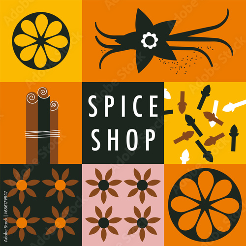 Spices abstract vector pattern. Cinnamon stick, vanilla, dried orange slices, cloves, and brown anise flower. Simple, geometric, modern style. Abstract background for poster, menu, cafe, spice shop.