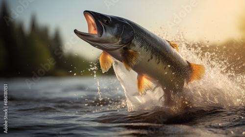 A powerful salmon leaps energetically from the sparkling river, showcasing its strength and agility against a backdrop of cascading water, symbolizing the vitality of nature and the thrill of fishing. © TensorSpark