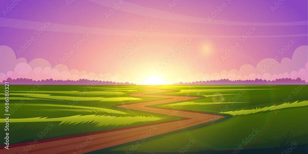 Sunset Over a Field cartoon illustration. Cartoon nature landscape beautiful sunset at green field, vector