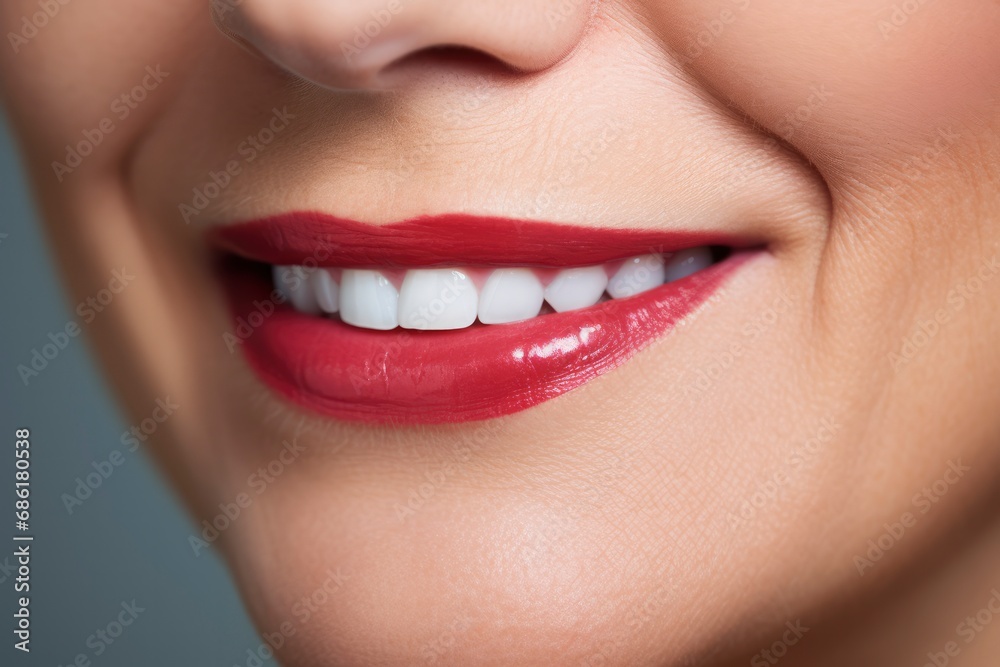 Smile of beautiful middle aged mature woman with perfect white teeth close-up. Dental care concept, professional cleaning, whitening. Dentistry, beautiful smile Smile of beautiful middle aged mature woman with perfect white teeth close-up. Dental care concept, professional cleaning, whitening. Dentistry, beautiful smile