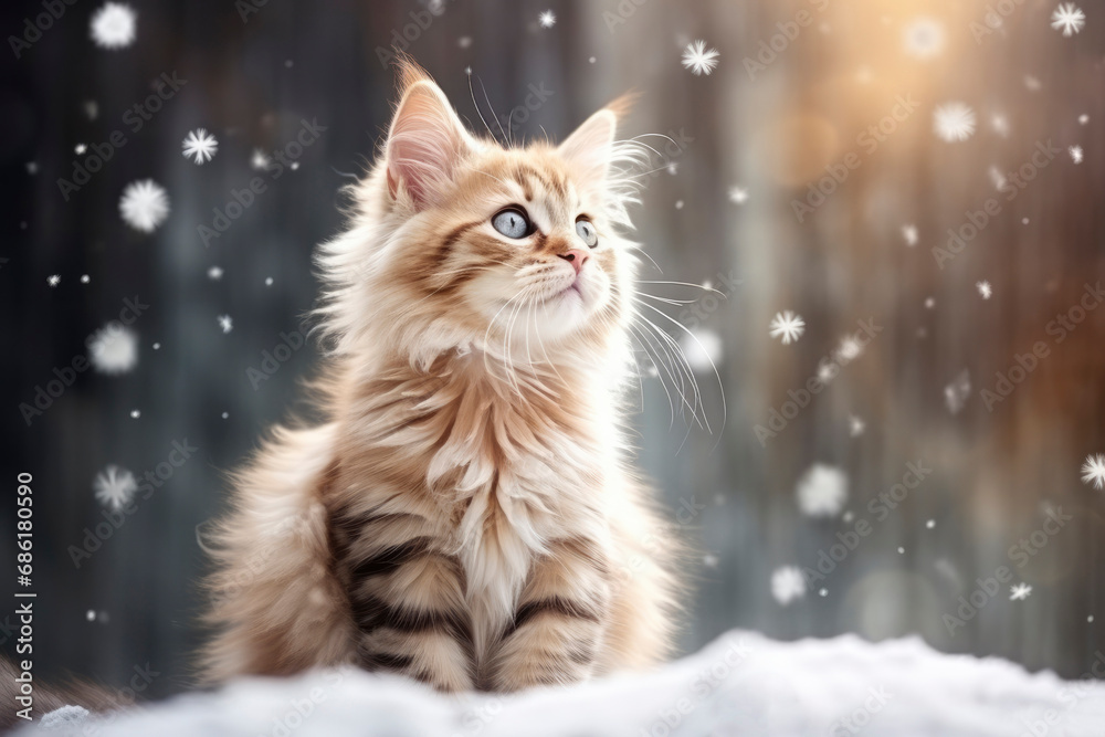 Portrait of cute fluffy little ginger kitten against background of snow. Falling snowflakes, kitten in winter. Beautiful card with cat