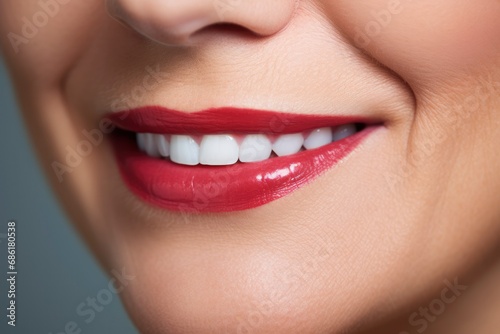 Smile of beautiful middle aged mature woman with perfect white teeth close-up. Dental care concept, professional cleaning, whitening. Dentistry, beautiful smile