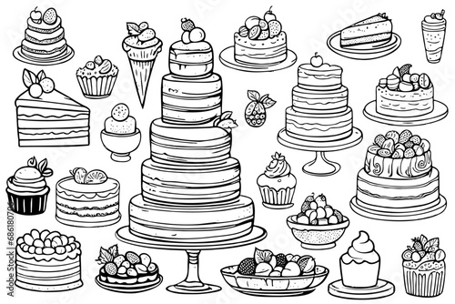 Vector sketch icons illustration set desserts and bakery products. Vintage style drawing isolated on white background.