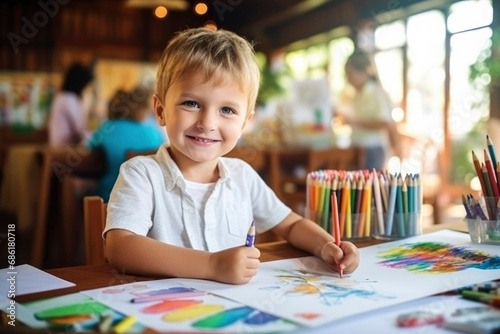 Cute child todler boy draws with colored pencils at the table in the children's room, in kindergarten, in developmental classes, art school. Happy kid doing creativity