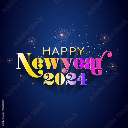 Wishing card design for New year 2024. 3D text Happy Newyear 2024 with fireworks and sky.