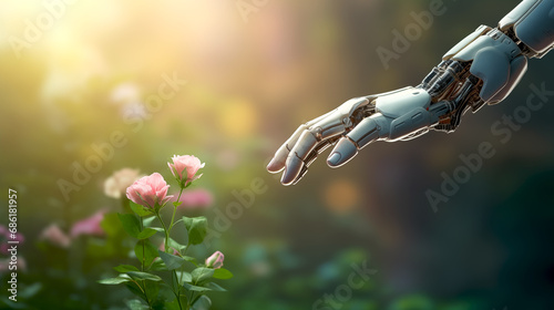 AI robot reach hand to touch pink flower with green nature blurred background bokeh lights, artificial intelligence machine in flower garden. Science cyber innovation technology with beautiful nature.