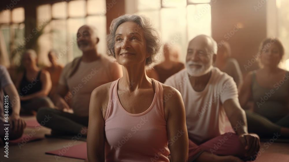 A group of active elderly people perform yoga together indoors, to improve their physical condition and well - being, and to socialize with each other, active aging concept - obrazy, fototapety, plakaty 