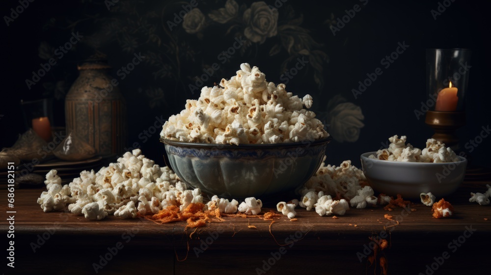 A bowl of popcorn on a table in a dark kitchen background. A bowl of popcorn on a table in a dark kitchen background.