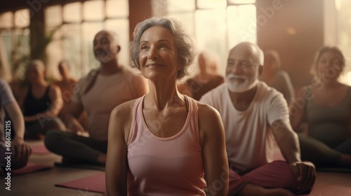 A group of active elderly people perform yoga together indoors, to improve their physical condition and well - being, and to socialize with each other, active aging concept