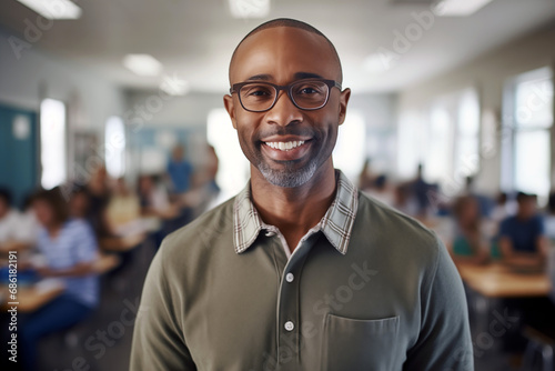 Smiling men teacher in a classroom. Afro american Teacher. Black men. Teacher in a room. AI.