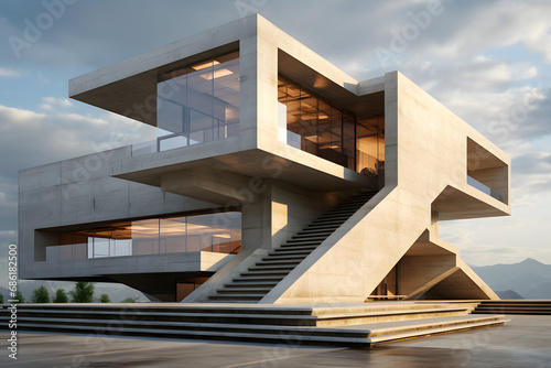 A concrete structure with bold geometric forms, showcasing raw materials and expressing a sense of power and solidity, Brutalist exterior design. Ai Generated.NO.04