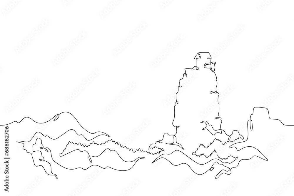 Mountain house. Lonely house on a cliff. Residential building against the background of mountains. Mountain landscape. One continuous line drawing. Linear. Hand drawn, white background. One line.