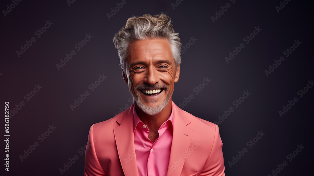 Happy elderly fashion model with grey full hair, mature and happy smiling man in colorful close-up portrait | Generative AI