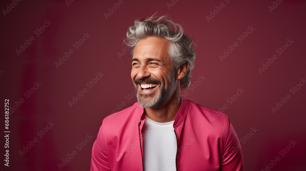 Happy elderly fashion model with grey full hair, mature and happy smiling man in colorful close-up portrait | Generative AI - obrazy, fototapety, plakaty 