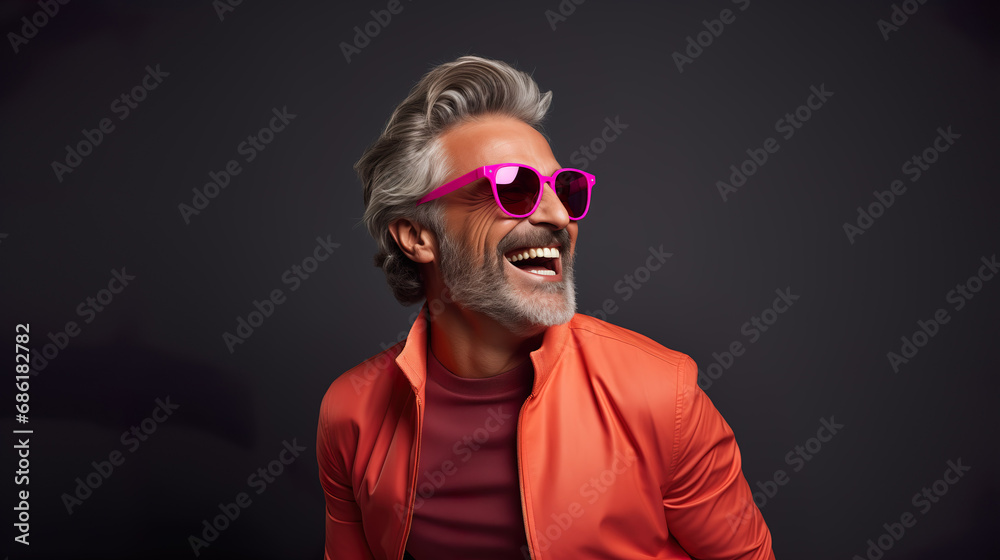 Happy elderly fashion model with grey full hair, mature and happy smiling man in colorful close-up portrait | Generative AI