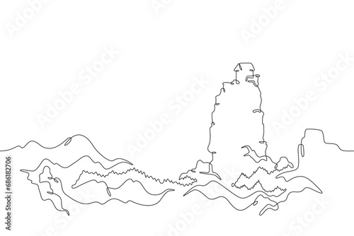 Mountain house. Lonely house on a cliff. Residential building against the background of mountains. Mountain landscape. One continuous line drawing. Linear. Hand drawn, white background. One line.