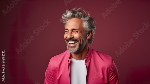 Happy elderly fashion model with grey full hair, mature and happy smiling man in colorful close-up portrait | Generative AI photo