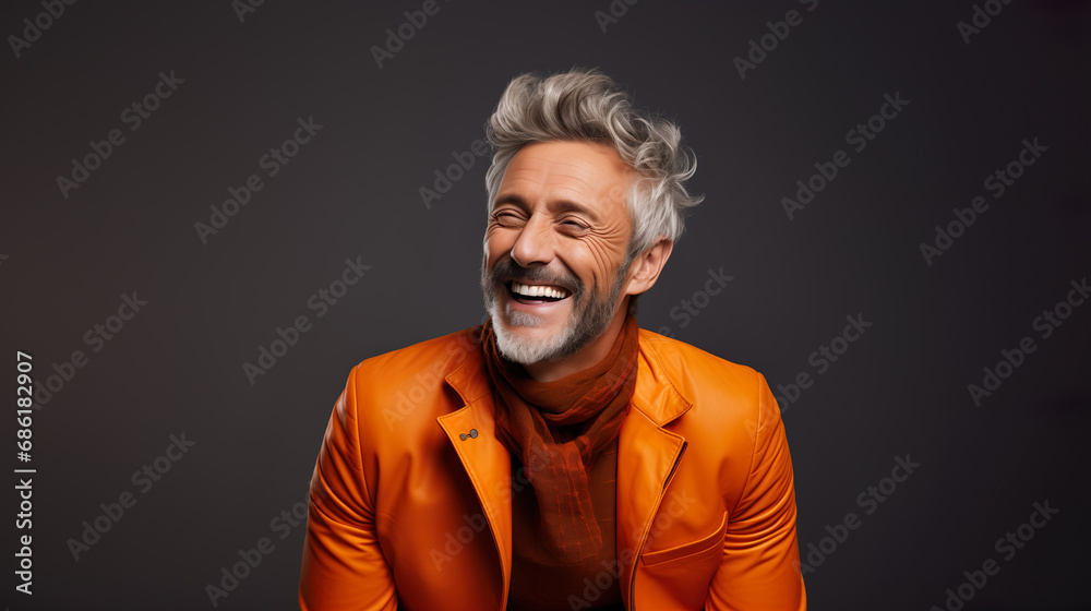 Happy elderly fashion model with grey full hair, mature and happy smiling man in colorful close-up portrait | Generative AI Happy elderly fashion model with grey full hair, mature and happy smiling man in colorful close-up portrait | Generative AI