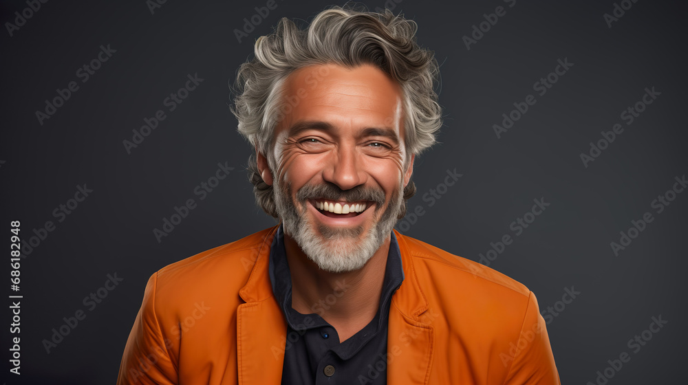 Happy elderly fashion model with grey full hair, mature and happy smiling man in colorful close-up portrait | Generative AI Happy elderly fashion model with grey full hair, mature and happy smiling man in colorful close-up portrait | Generative AI
