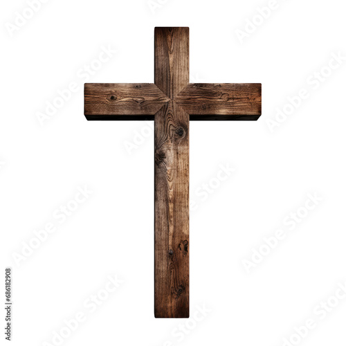 Old wooden cross isolated on transparent background. AI generated. photo