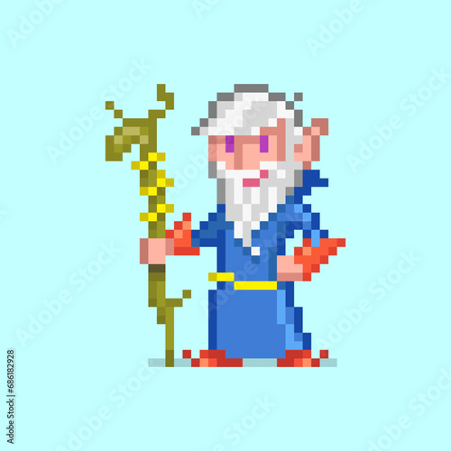 8bit colorful simple vector pixel art illustration of cartoon greybeard elf mage druid with branch of staff