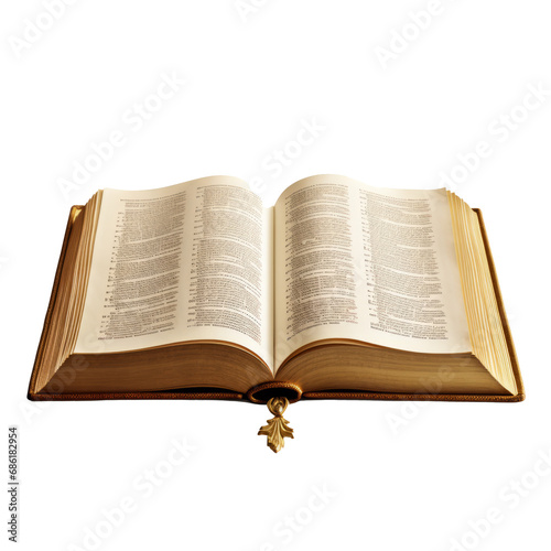 Opened holy bible isolated on transparent background. AI generated.