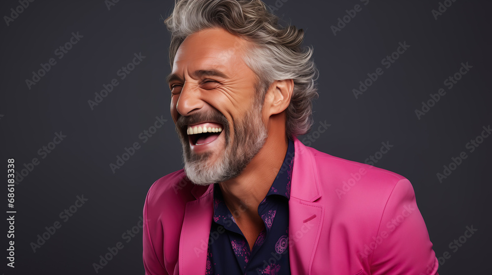 Happy elderly fashion model with grey full hair, mature and happy smiling man in colorful close-up portrait | Generative AI