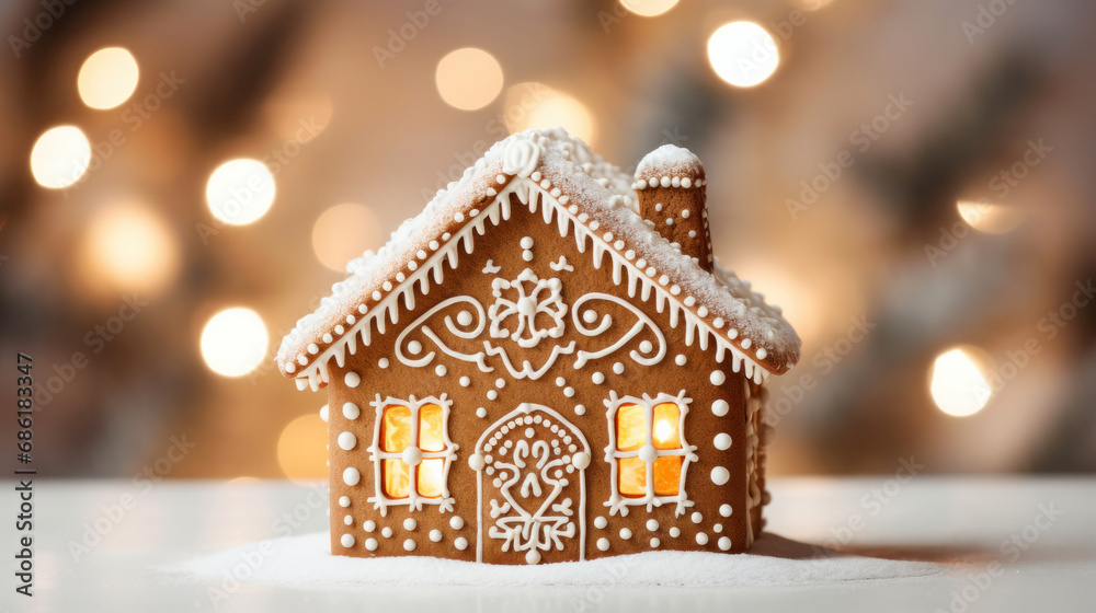 Gingerbread house, concept holiday of Christmas and Happy new year. Defocused lights