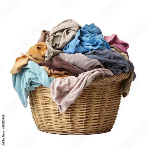 Basket overflowing with dirty laundry isolated on transparent background. AI generated.