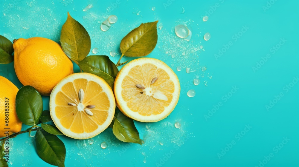 turquese background lemon fruits, Summer background with lemons turquese background lemon fruits, Summer background with lemons