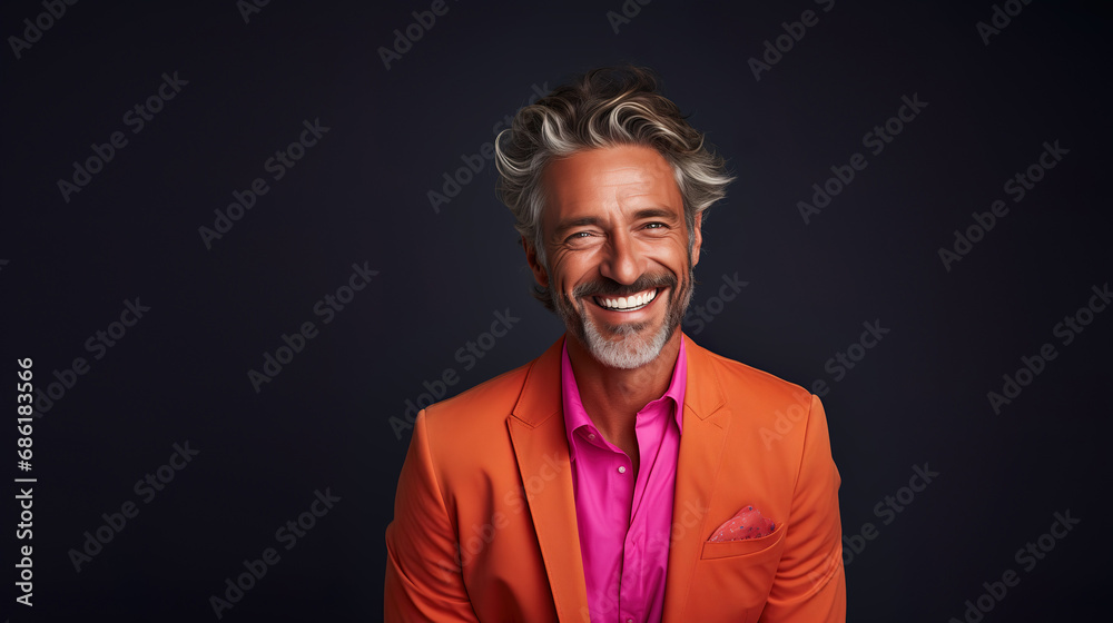 Happy elderly fashion model with grey full hair, mature and happy smiling man in colorful close-up portrait | Generative AI Happy elderly fashion model with grey full hair, mature and happy smiling man in colorful close-up portrait | Generative AI