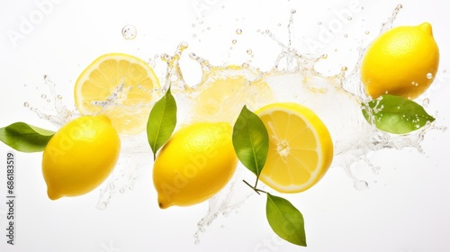 Photo of yellow lemons wet with water splashes on a completely white background
