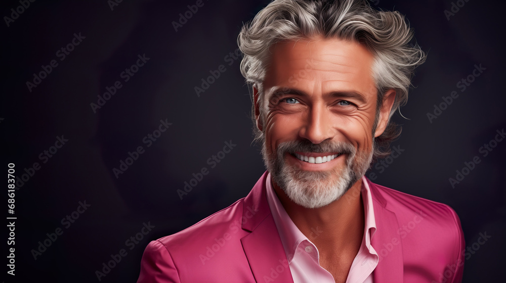 Happy elderly fashion model with grey full hair, mature and happy smiling man in colorful close-up portrait | Generative AI Happy elderly fashion model with grey full hair, mature and happy smiling man in colorful close-up portrait | Generative AI