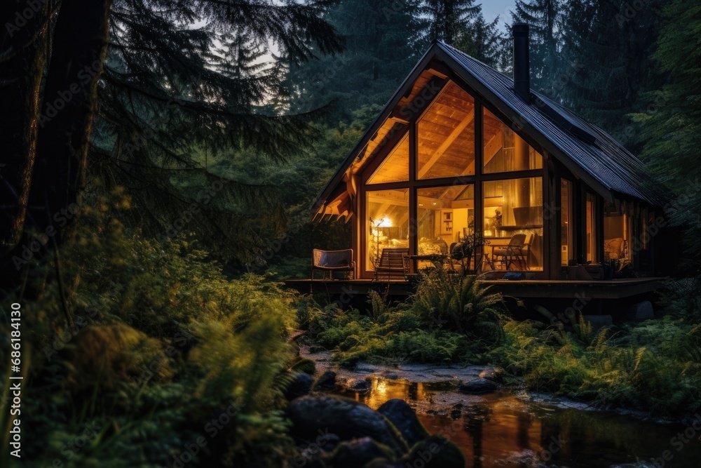 Cozy cabin illuminated at dusk surrounded by forest. Tranquil nature retreat. Cozy cabin illuminated at dusk surrounded by forest. Tranquil nature retreat.