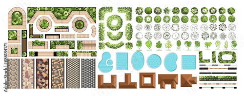 Landscape elements for master plans. Various trees, furniture, houses, pools, bushes, and tiles. Top view for the architectural plan. Vector illustration.