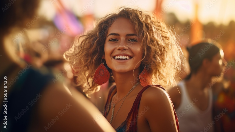 A free spirit happy woman at a music event, fair, amusement park or festival. shallow depth of field