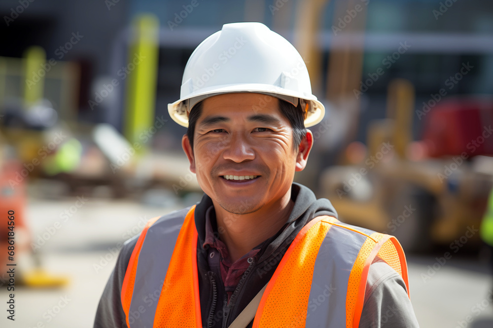 Smiling men bricklayer in work clothes on a construction site. Mason at work. Job. Asian bricklayer construction company. AI Smiling men bricklayer in work clothes on a construction site. Mason at work. Job. Asian bricklayer construction company. AI