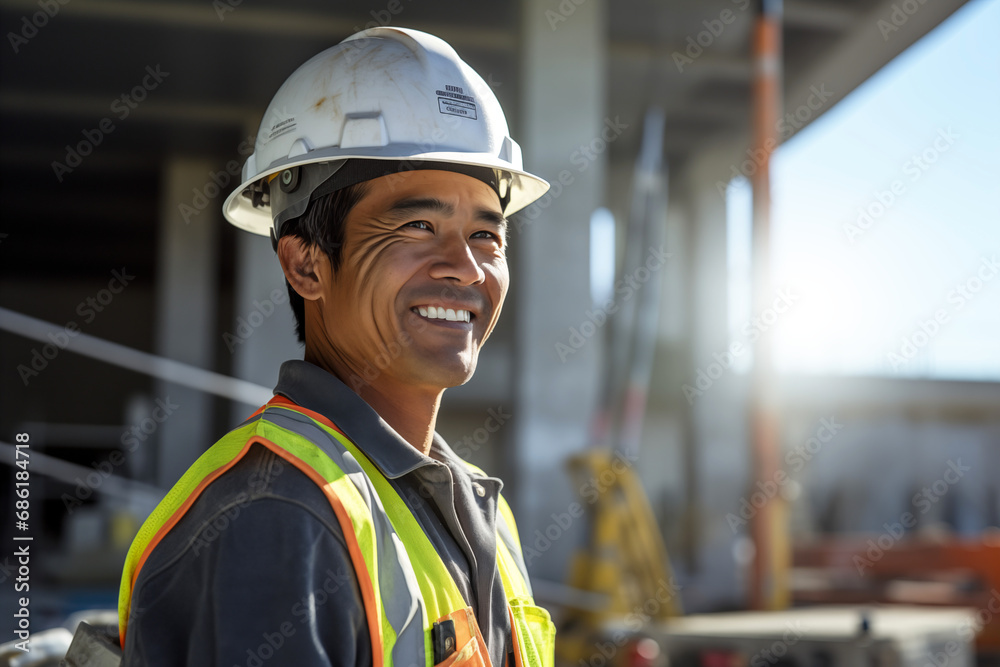 Smiling men bricklayer in work clothes on a construction site. Mason at work. Job. Asian bricklayer construction company. AI Smiling men bricklayer in work clothes on a construction site. Mason at work. Job. Asian bricklayer construction company. AI