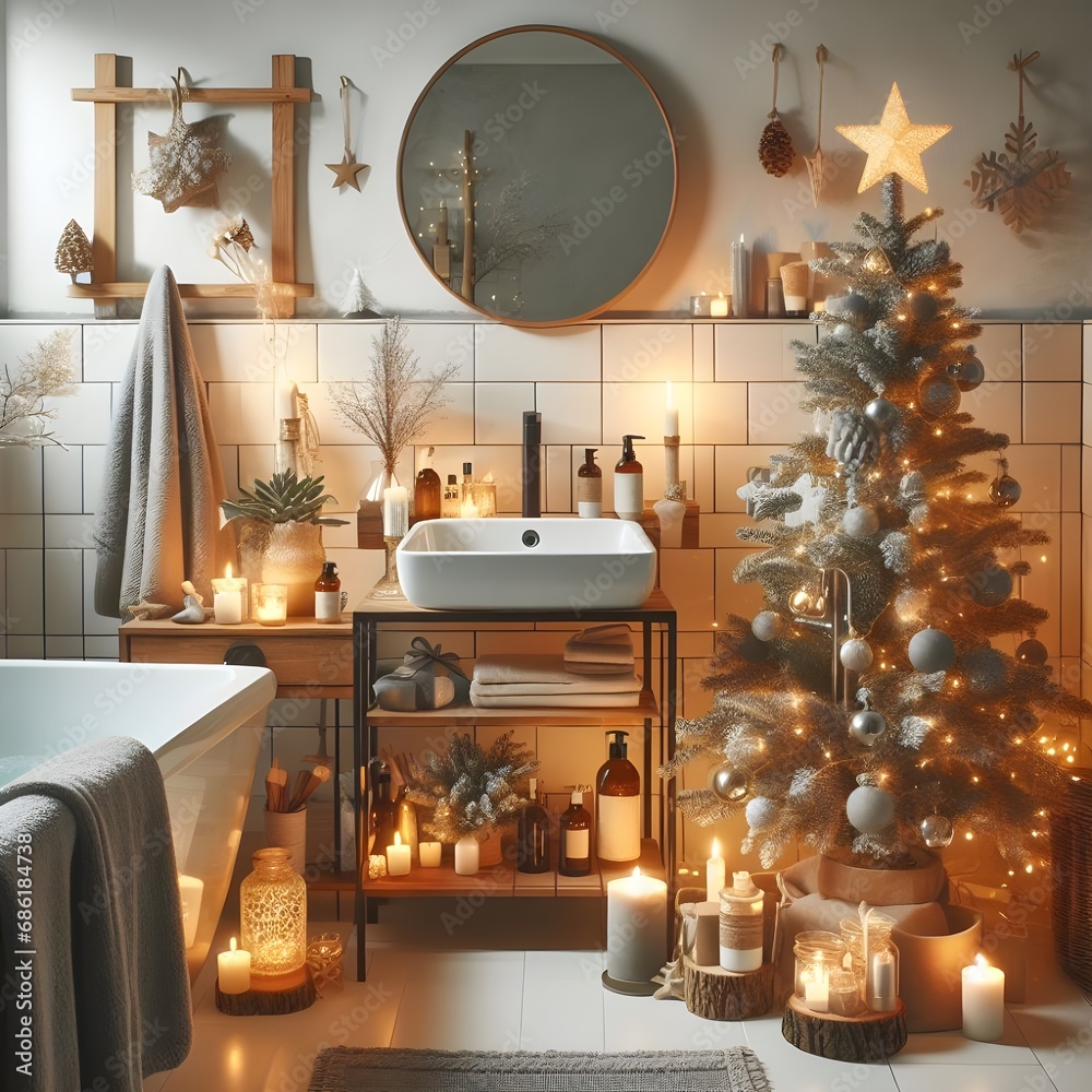 A bathroom with a Christmas tree, candles, and Scandinavian-inspired bath products