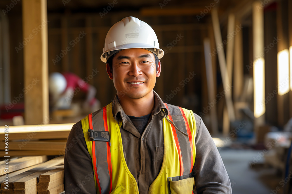 Smiling men bricklayer in work clothes on a construction site. Mason at work. Job. Asian bricklayer construction company. AI Smiling men bricklayer in work clothes on a construction site. Mason at work. Job. Asian bricklayer construction company. AI
