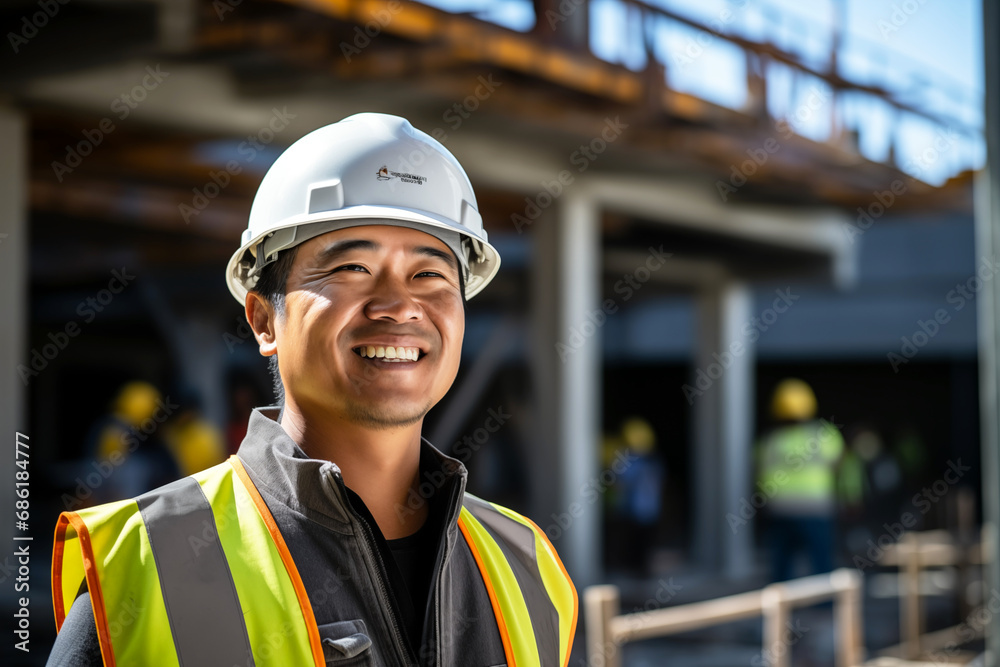 Smiling men bricklayer in work clothes on a construction site. Mason at work. Job. Asian bricklayer construction company. AI Smiling men bricklayer in work clothes on a construction site. Mason at work. Job. Asian bricklayer construction company. AI
