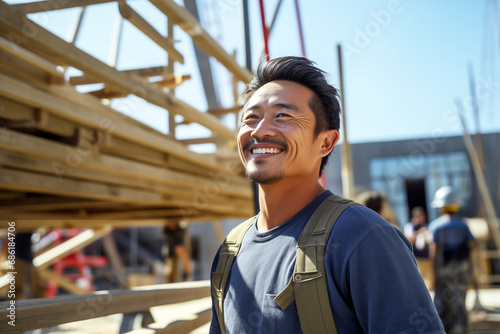 Smiling men bricklayer in work clothes on a construction site. Mason at work. Job. Asian bricklayer construction company. AI