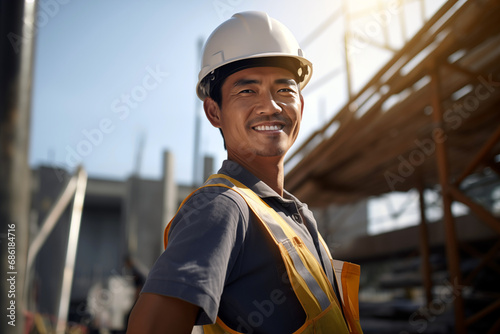 Smiling men bricklayer in work clothes on a construction site. Mason at work. Job. Asian bricklayer construction company. AI