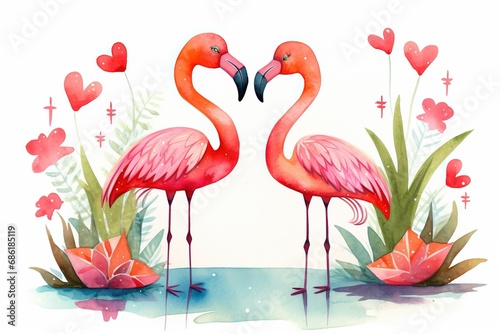 watercolor style illustration, two flamingos bird neck form heart shape in pond garden, generative Ai