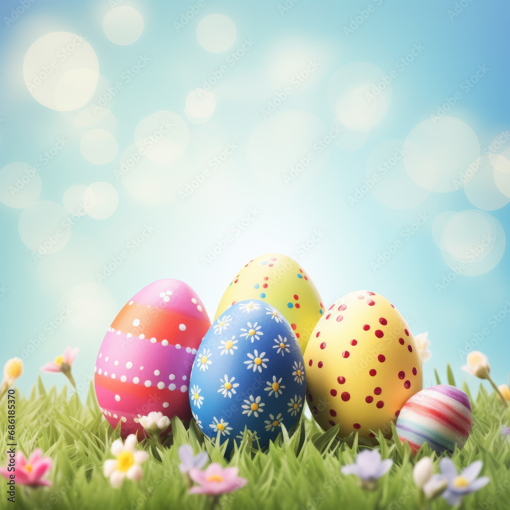 A vibrant Easter card with colorful eggs nestled in grass under a blue sky.