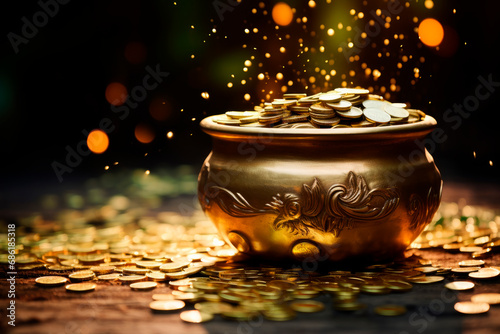 Big ornate cauldron full of gold coin. Treasure in a jug, Happy St patrick day.